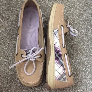 Khaki and purple boat shoes